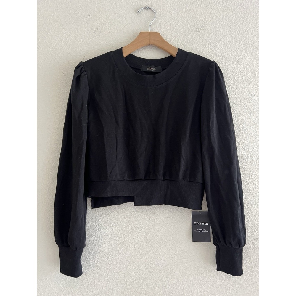 Storets New Black Cropped Sweatshirt Puff Sleeve Asymmetric Hem Top Size S/M